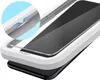 A close-up view of a smartphone screen protector being applied, with a magnified inset showing the application guide. Produktbild-Vorschau