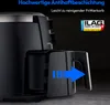 Close-up of a black air fryer with a blue arrow indicating the removal of the basket. Produktbild-Vorschau
