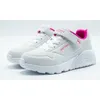 A pair of white Skechers sneakers with pink accents, shown from a slightly angled side view against a white background. Voir les images du produit