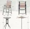 Diagrams showing the dimensions of a garden bistro set including chairs, a table, and an umbrella. Podgląd zdjęcia produktu