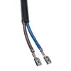 Close-up of two electrical wires with metal connectors at the end, emerging from a black cable. Produktbild-Vorschau