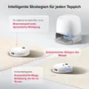 A robotic vacuum cleaner and its charging station are shown on different carpet textures, with text overlays explaining features. Produktbild-Vorschau