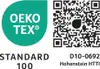 OEKO-TEX STANDARD 100 certification logo with a QR code and certification details. Produktbild-Vorschau