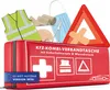 A collection of car safety and first aid items, including a first aid kit, a high-visibility vest, bandages, scissors, a face mask, and a warning triangle. Podgląd zdjęcia produktu