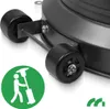 Close-up of the wheels and base of a patio heater, with a green circular icon showing a person using a heater. Náhled obrázku produktu