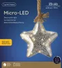 A decorative star-shaped light with micro-LEDs hanging from a rope, against a blue background. Produktbild-Vorschau