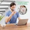 A man is using a nebulizer while looking at a laptop, with an inset image of a woman coughing. Produktbild-Vorschau
