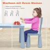 A young girl sits at a blue plastic table with a plate of strawberries, next to a blue plastic chair. The image includes text overlays indicating product features and dimensions. Produktbild-Vorschau
