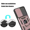 A product image showing a phone case with a camera slider and ring holder, along with diagrams illustrating its features. Produktbild-Vorschau