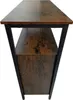 A side view of a narrow, two-shelf console table with a dark brown wood-grain finish and black metal legs. Produktbild-Vorschau