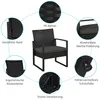 A diagram showing features of a black rattan chair with a gray cushion. Podgląd zdjęcia produktu