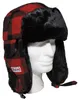 A red and black plaid trapper hat with black fur trim is displayed on a white mannequin head against a white background.