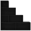 A black, multi-compartment bookshelf arranged in a staggered, step-like design against a white background. Náhled obrázku produktu