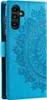 A blue flip case for a Samsung Galaxy A34 5G phone with a mandala design embossed on the cover. Produktbild-Vorschau