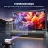 A projector is shown projecting an image onto a large screen, illustrating different display sizes and projection distances. Produktbild-Vorschau