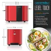 A collage showing a red toaster from different angles and a plate with toast, avocado, and shrimp. Anteprima dell’immagine prodotto