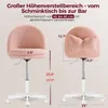 Two views of a pink fluffy chair with dimensions indicated by text and lines. Produktbild-Vorschau