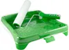 A green paint roller tray with a white roller and handle. Produktbild-Vorschau