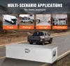 A truck box is shown in the foreground, with a pickup truck driving on a road in the background. Above, there are four smaller images showing different scenarios where the truck box can be used: a truck, a pickup, a garage, and a toolroom. Anteprima dell’immagine prodotto