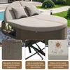 A round outdoor daybed with cushions and pillows, surrounded by greenery and a pool. Produktbild-Vorschau