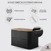 Marketing image for a washbasin cabinet, showing features and the product. Produktbild-Vorschau