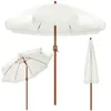 Three views of a white patio umbrella with fringe, one open and angled, one open and straight on, and one closed. Produktbild-Vorschau