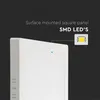 A close-up of a white square LED panel light with text overlays and a diagram of an SMD LED. Produktbild-Vorschau