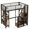 A loft bed with a metal frame and wooden shelves and stairs, shown against a white background. Podgląd zdjęcia produktu