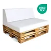 A white cushion set on a wooden pallet base, with a green OEKO-TEX logo in the upper right corner. Podgląd zdjęcia produktu