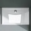A top-down view of a white rectangular shower tray with a textured surface and a central drain. Produktbild-Vorschau