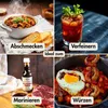 A collage of four images showcasing different uses of Worcester sauce, including a stew, a cocktail, raw meat for marinating, and a cooked meal. Produktbild-Vorschau