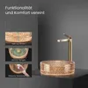 A bathroom sink and faucet are displayed on a dark surface, with inset images highlighting product features. Anteprima dell’immagine prodotto