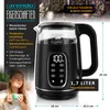 A black electric kettle with a glass body is shown, with a woman holding a cup of tea in the foreground. The image also features text highlighting the product's features and dimensions. Produktbild-Vorschau