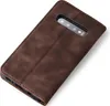 A brown leather flip case for a smartphone is shown from a diagonal angle. Produktbild-Vorschau