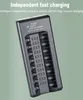 A black battery charger with multiple slots is shown against a light green background. Text overlays describe its features. Náhľad obrázku produktu