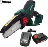 A cordless chainsaw, battery, and charger are displayed on a white background, along with a keychain. Produktbild-Vorschau