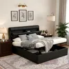 A bedroom scene with a black upholstered bed frame. Náhľad obrázku produktu