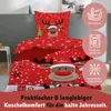 A Christmas-themed duvet cover with a reindeer design is displayed on a bed. Informational icons and text are overlaid on the right side of the image. Produktbild-Vorschau