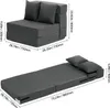 A size chart for a convertible sofa bed, showing its dimensions in both folded and unfolded states. Produktbild-Vorschau