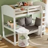A white bunk bed with a sofa and desk, set against a green wall and on a brown rug. Produktbild-Vorschau