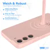 A pink phone case with a liquid-like substance being poured onto it, creating ripples. Text overlays describe the features of the case. Produktbild-Vorschau