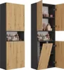 Two views of a tall, narrow bathroom cabinet with a two-tone design: dark gray exterior and wood-effect doors and accents. The left view shows the cabinet closed, while the right view shows it open, revealing shelves with various cosmetic products and a pu Anteprima dell’immagine prodotto