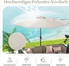 A large beige patio umbrella is set up on a grassy area overlooking the ocean, with a sectional sofa in the foreground. Produktbild-Vorschau