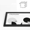 A close-up of a black picture frame with a graphic design inside, and a diagram of the frame's dimensions in the upper right corner. Anteprima dell’immagine prodotto
