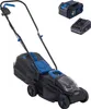 A cordless lawnmower with two batteries and a charger, presented against a white background. Podgląd zdjęcia produktu