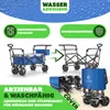 Collage of images showing a blue foldable wagon and its features. Produktbild-Vorschau