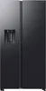 A front view of a black steel side-by-side refrigerator with a water and ice dispenser. Produktbild-Vorschau