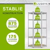 A corner shelving unit with weight capacity information displayed on a green background. Náhled obrázku produktu