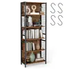 A tall, five-shelf bookshelf with a rustic wood finish and black metal frame, filled with books and decorative items. Produktbild-Vorschau