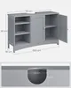 A diagram showing the dimensions and a cut-out detail of a gray bathroom cabinet. Produktbild-Vorschau